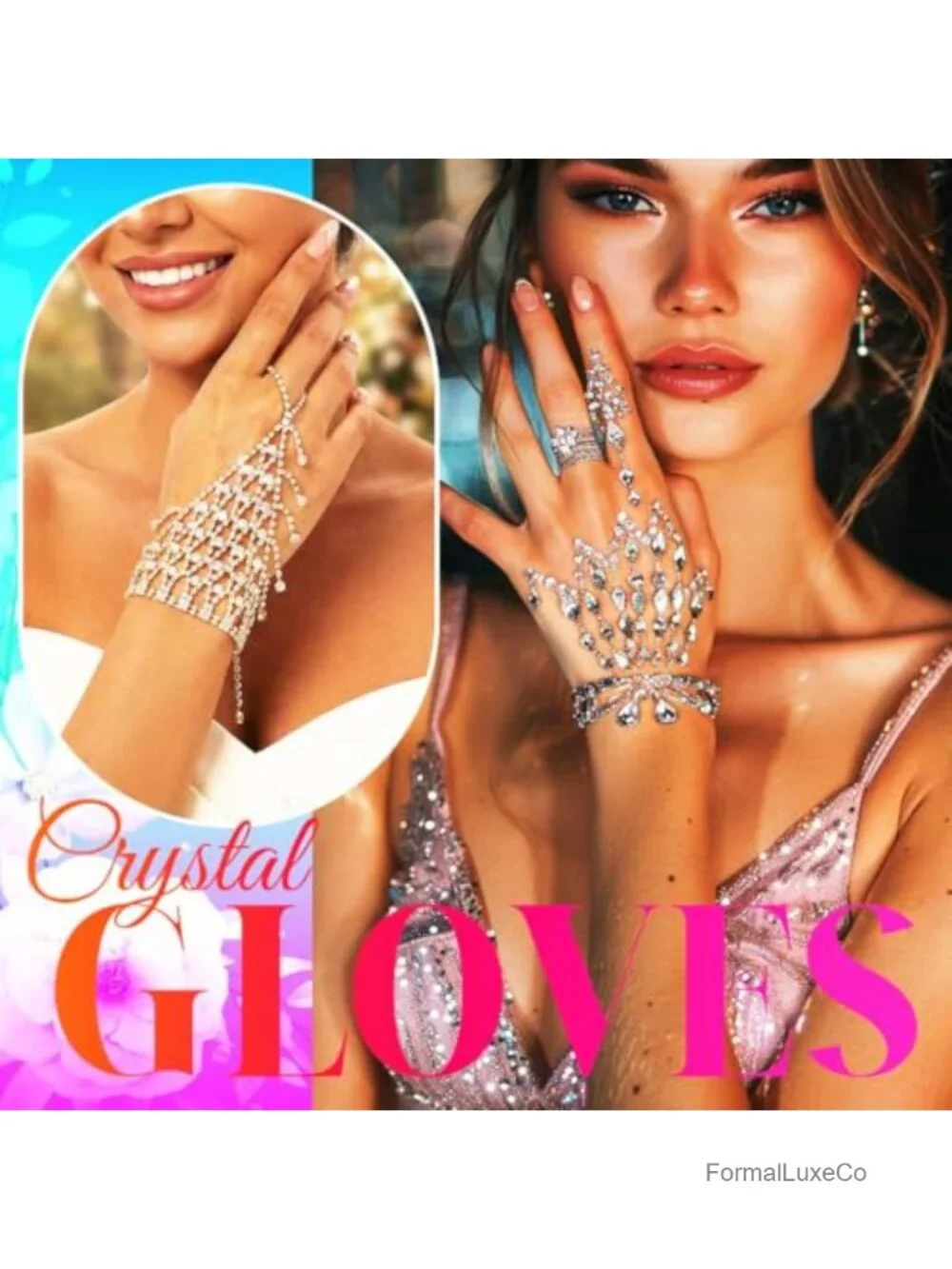 Rhinestone Glitter Fingerless Gloves for Wedding Bride Women